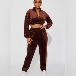 Brown velour cropped matching set